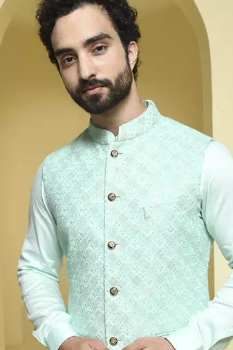 Blue embroidered cotton silk nehru jacket set