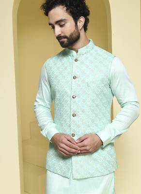 Blue embroidered cotton silk nehru jacket set 4