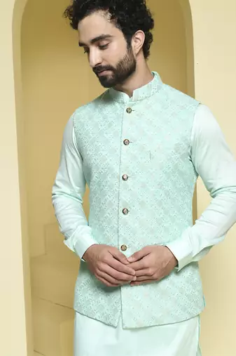 Blue embroidered cotton silk nehru jacket set