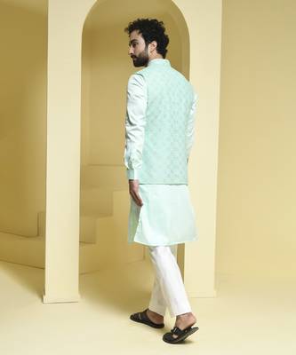 Blue embroidered cotton silk nehru jacket set 5