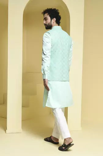 Blue embroidered cotton silk nehru jacket set