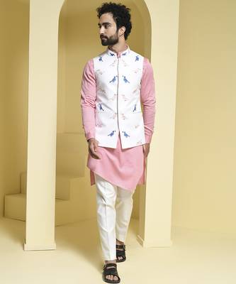 White printed cotton  nehru jacket set 1