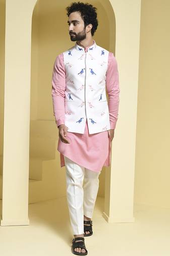 White printed cotton  nehru jacket set