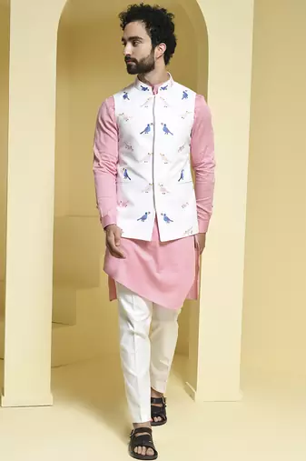 White printed cotton  nehru jacket set