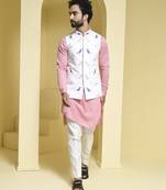 White printed cotton  nehru jacket set