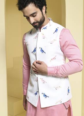 White printed cotton  nehru jacket set 2