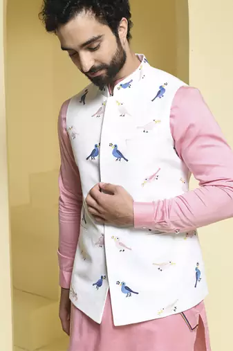 White printed cotton  nehru jacket set