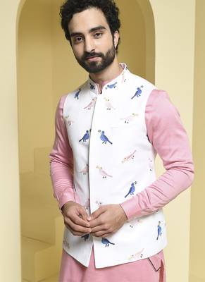 White printed cotton  nehru jacket set 3