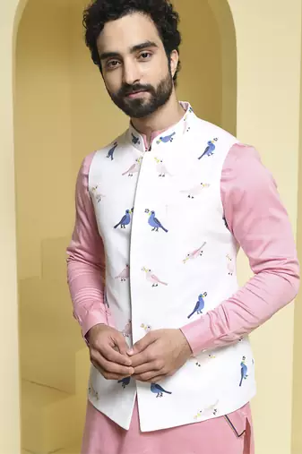 White printed cotton  nehru jacket set