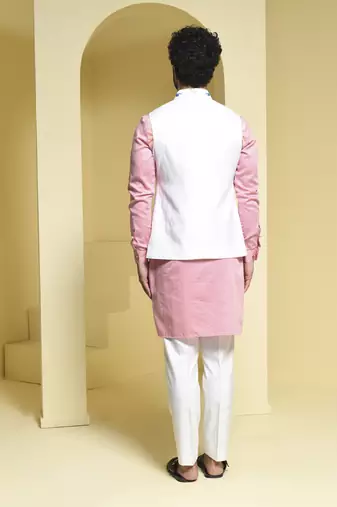 White printed cotton  nehru jacket set