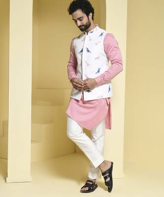 White printed cotton  nehru jacket set 5