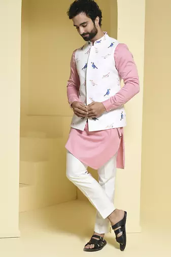 White printed cotton  nehru jacket set