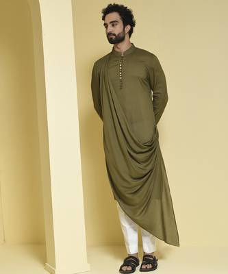 Green plain cotton  kurta pajama 4