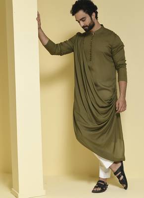 Green plain cotton  kurta pajama 5