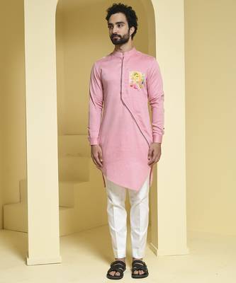 Pink plain cotton  kurta pajama 1