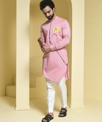 Pink plain cotton  kurta pajama 2