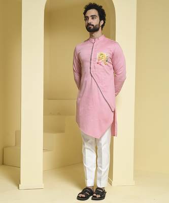 Pink plain cotton  kurta pajama 3