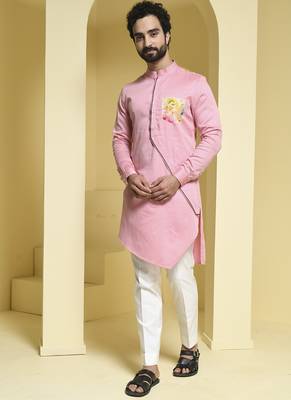 Pink plain cotton  kurta pajama 4
