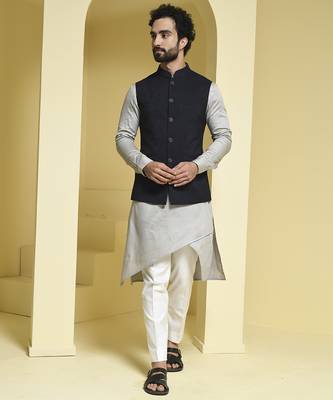 Black plain cotton silk nehru jacket set 1