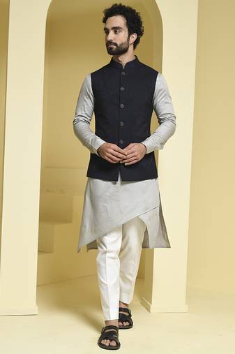 Black plain cotton silk nehru jacket set