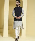 Black plain cotton silk nehru jacket set