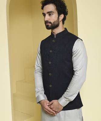 Black plain cotton silk nehru jacket set 2