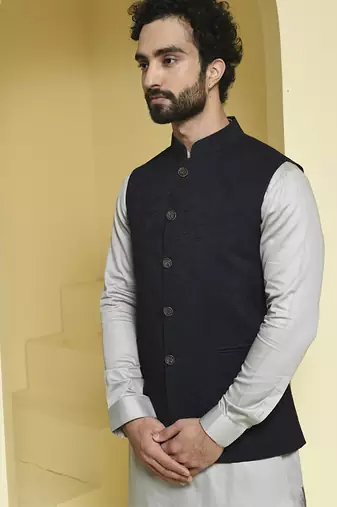 Black plain cotton silk nehru jacket set