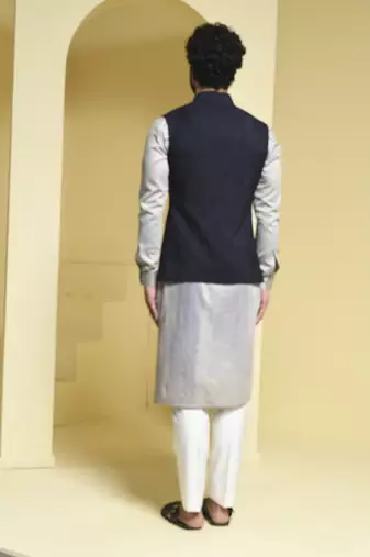 Black plain cotton silk nehru jacket set