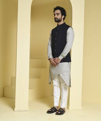Black plain cotton silk nehru jacket set 4