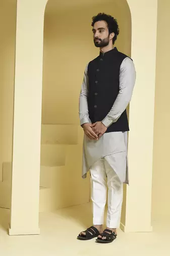 Black plain cotton silk nehru jacket set
