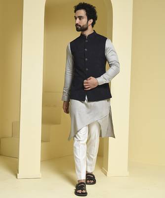 Black plain cotton silk nehru jacket set 5