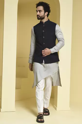 Black plain cotton silk nehru jacket set