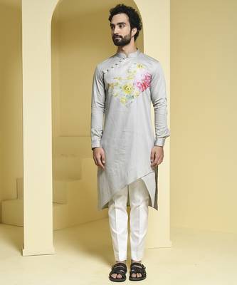 Silver printed cotton kurta pajama 1