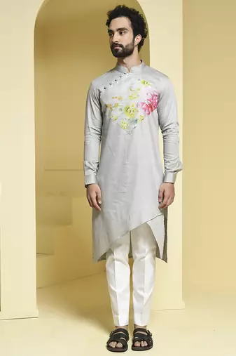 Silver printed cotton kurta pajama