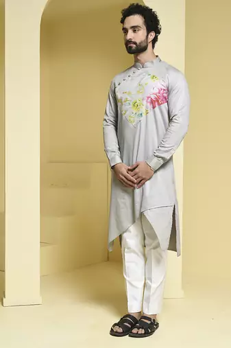 Silver printed cotton kurta pajama