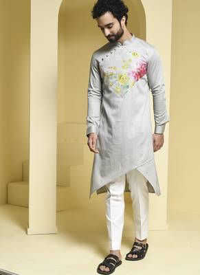 Silver printed cotton kurta pajama 3