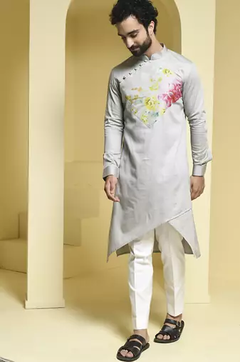 Silver printed cotton kurta pajama