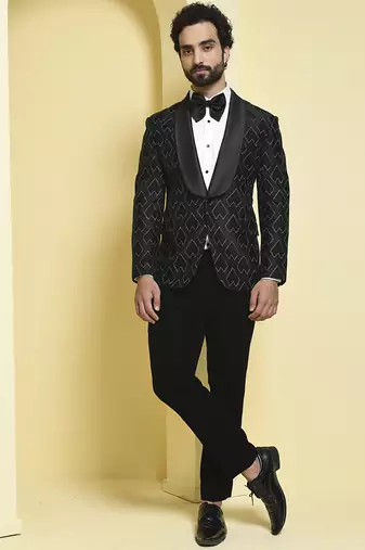 Black embroidered silk tuxedo