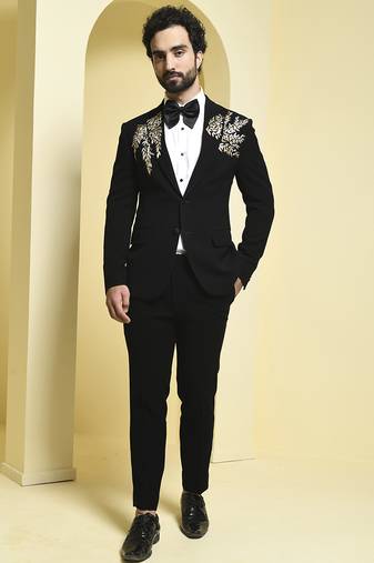 Black embroidered rayon tuxedo