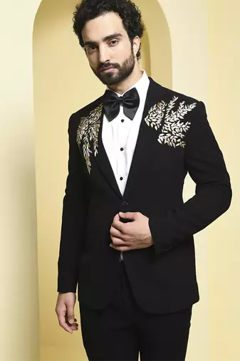 Black embroidered rayon tuxedo
