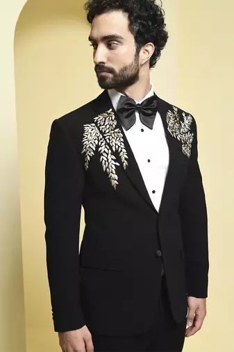 Black embroidered rayon tuxedo