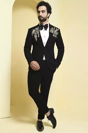 Black embroidered rayon tuxedo