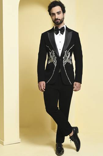 Black embroidered rayon tuxedo