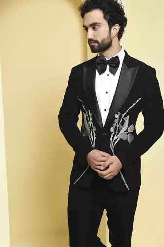 Black embroidered rayon tuxedo