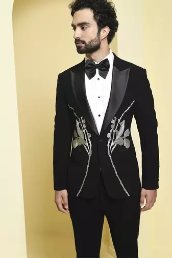 Black embroidered rayon tuxedo