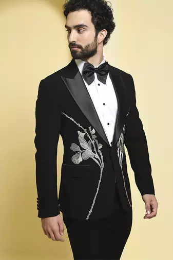 Black embroidered rayon tuxedo