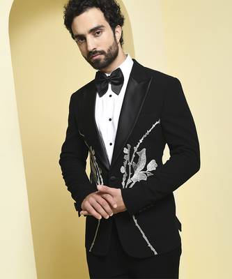 Black embroidered rayon tuxedo 5