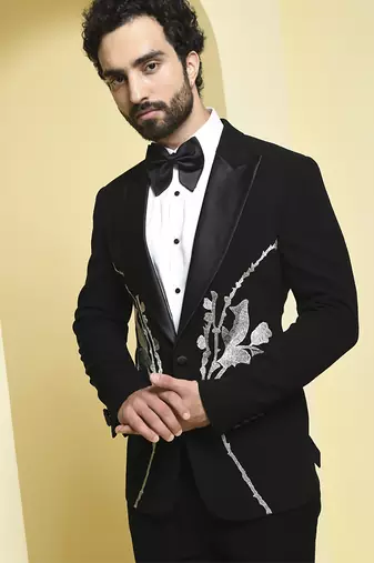 Black embroidered rayon tuxedo