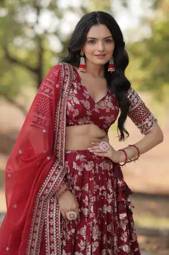 Maroon sequins with zari emrbroidery work Dola Silk Jacquard wedding indian designer lehenga choli