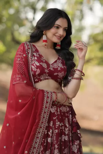 Maroon sequins with zari emrbroidery work Dola Silk Jacquard wedding indian designer lehenga choli